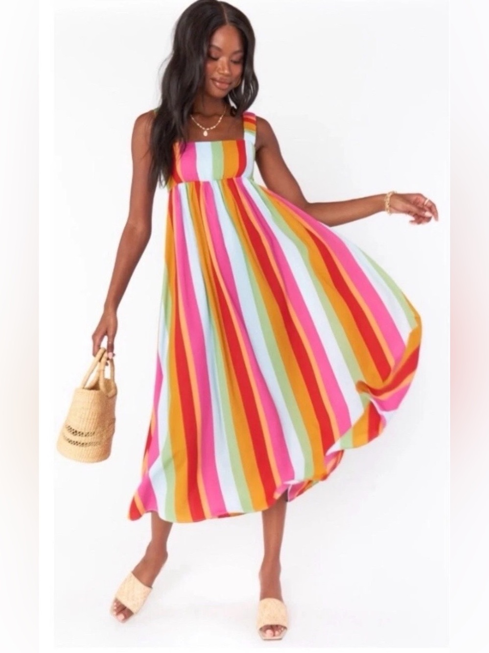 Show Me Your MuMu Pink Multi Striped Square-Neck Midi Dress